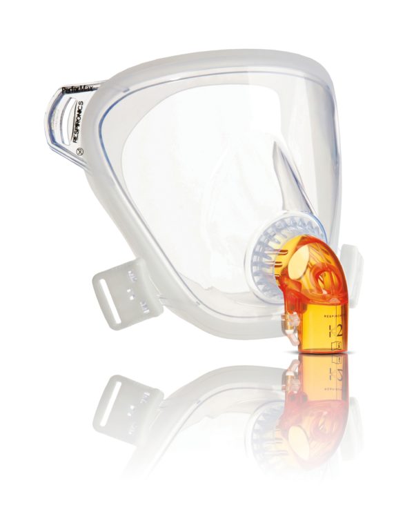 Philips Respironics PerforMax klein - Beatmungsmaske gibt es mit einem orangen Beatmungsschlauch-Aufnehmer.