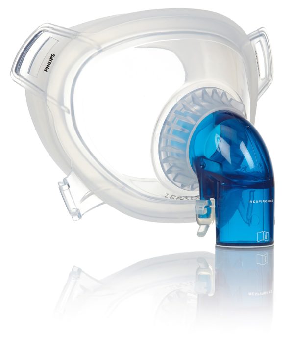 Philips Respironics PerforMax Ganzgesichtsmasken XXS - Die Beatmungsmaske gibt es auch mit blauem Rüssel/Schlauchadapter.