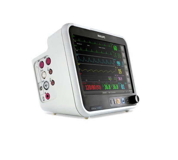 Der Patientenmonitor Philips Efficia CM100 hat Anschlüsse für diverse Sensoren an der Geräteseite. (Artikelnummer: 863300)