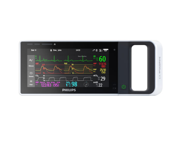 Der Patientenmonitor Philips IntelliVue X3 wird von vorne gezeigt. Man sieht die Vitalparameter als Wert und als Diagramm.