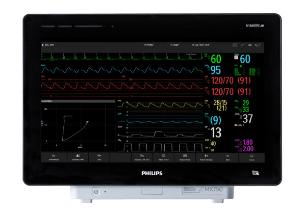 Der Patientenmonitor Philips IntelliVue MX750 hat ein großes 19-Zoll-Display auf dem 12 Kurven von bis zu 8 gemessenen Vitalparamtern angezeigt werden können.