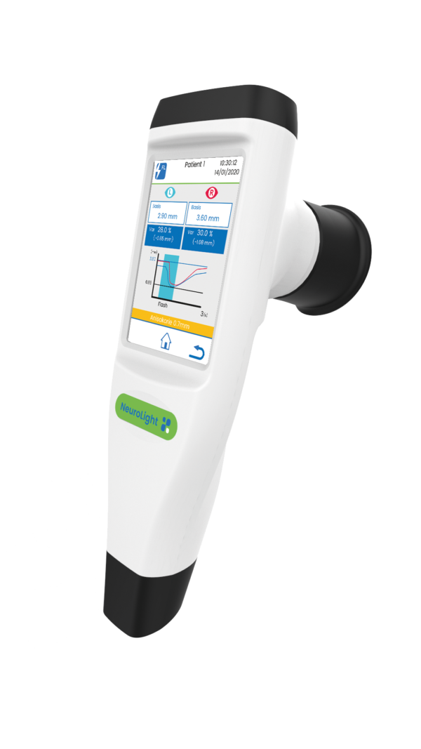 Das Pupillometer IDMED NeuroLight kann für die Pupillenlichtreflex-Messung verwendet werden. Die Reaktion der Pupillen auf den Lichtblitz wird in einem Diagramm verglichen und somit auch eine Anisokorie festgestellt werden.